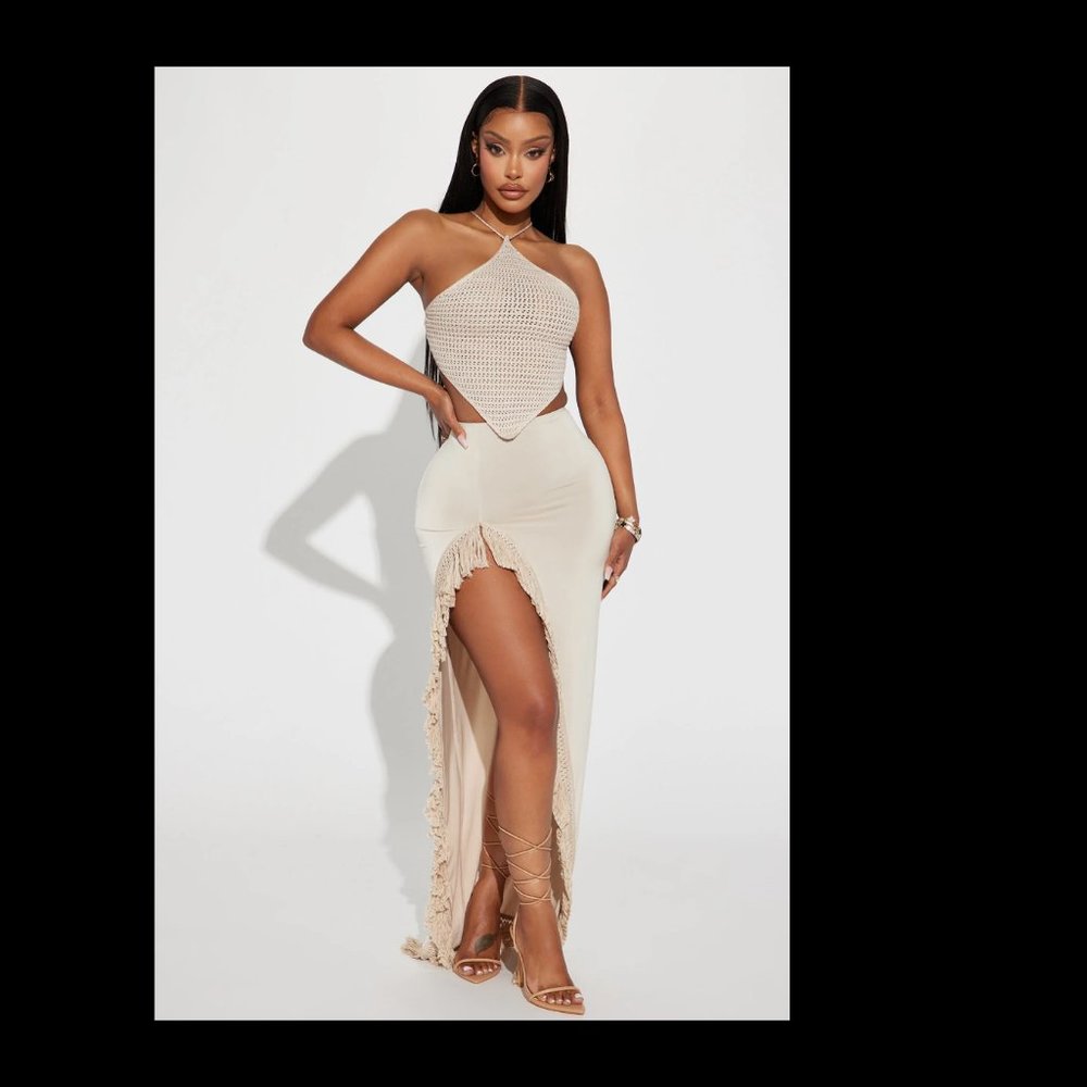 NWT Fashion Nova Making Memories Fringe Maxi Skirt - Sand size XS